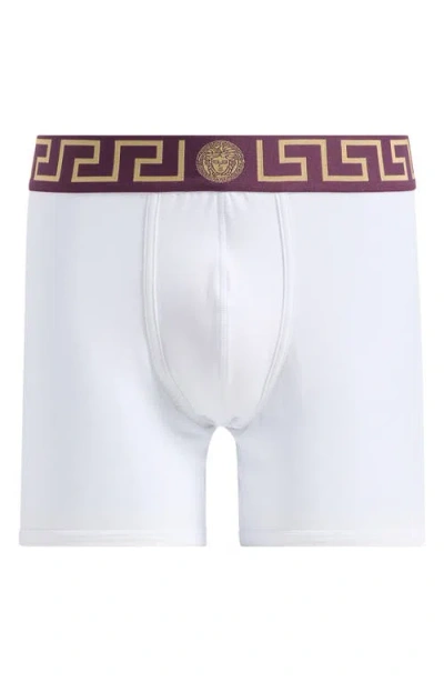 Versace Greek Key Jersey Boxer Briefs In White Dark Aubergine-gold
