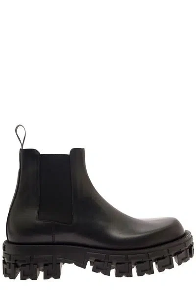 VERSACE GREEK PORTICO LEATHER CHELSEA BOOTS FOR MEN