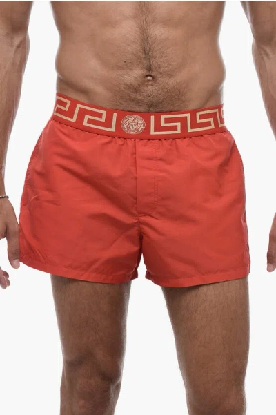 Versace Elasticated Waistband Swimwear With Greek Key Pattern In Red