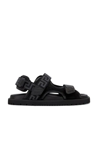 Versace Greek Ribbon Strap Sandals In Black & Anthracite