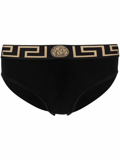 Versace Stretch Cotton Briefs With Logoed Elastic Band In Black
