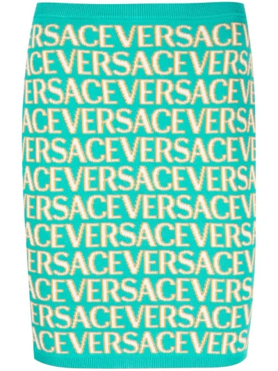 Versace Green Allover Knitted Skirt In Blue