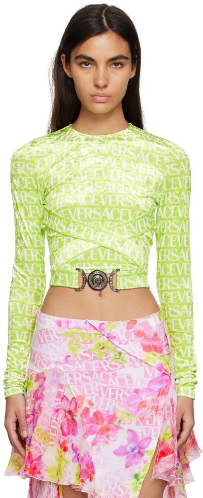 Versace Green Allover Long Sleeve T-shirt In 5g300 Green+white