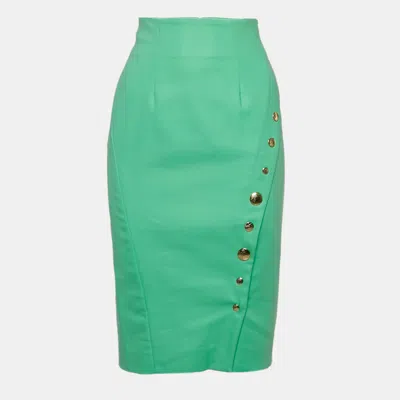 Pre-owned Versace Green Cotton Blend Button Detail Pencil Skirt M