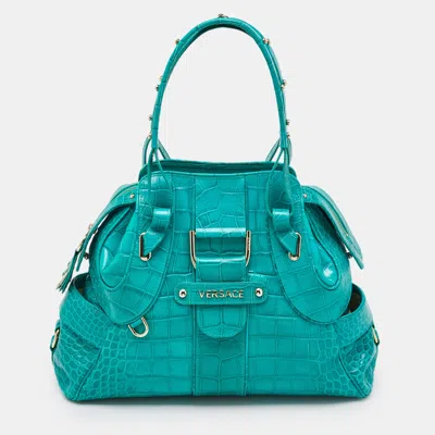 Pre-owned Versace Green Croc Embossed Leather Satchel