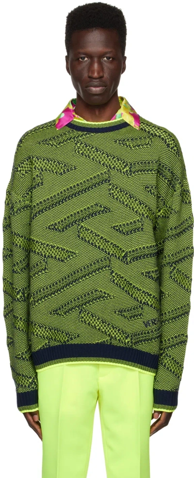 Versace La Greca Knit Sweater, Male, Lime+black, 54 In 2ug20 Navy+lime