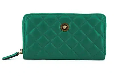 Pre-owned Versace Green Leather Long Zip Around Wallet