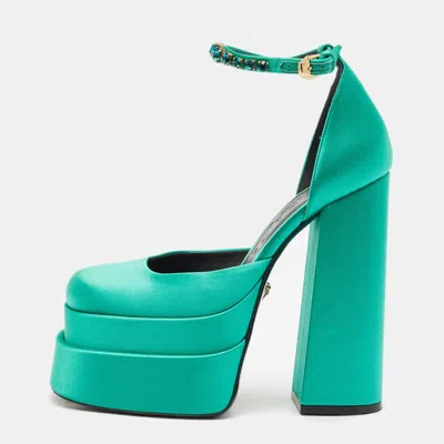 Pre-owned Versace Green Satin Aevitas Crystal Embellished Ankle Strap Platform Pumps Size 37