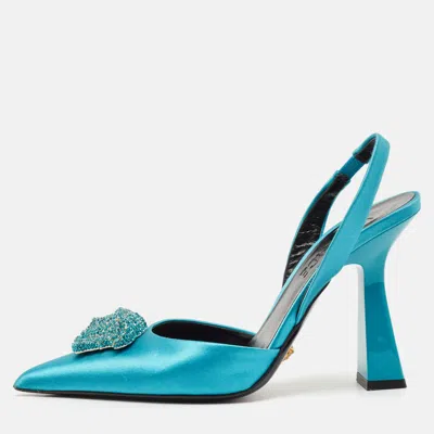 Pre-owned Versace Green Satin Crystal Embellished La Medusa Slingback Pumps Size 35