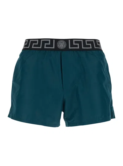 Versace Green Swim Shorts With Elastic Waist With Greca Motif In Tech Fabric Man