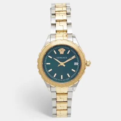 Pre-owned Versace Green Two-tone Stainless Steel Hellenyium V12050016 Women's Wristwatch 35 Mm
