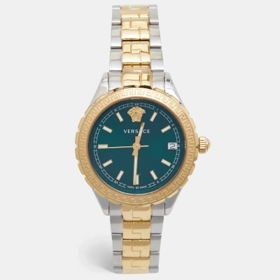 Pre-owned Versace Green Two-tone Stainless Steel Hellenyium V12050016 Women's Wristwatch 35 Mm In Multicolor