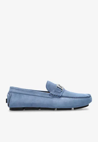 Versace Grega Plaque Suede Loafers In Blue