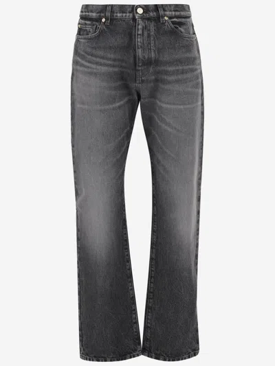 Versace Grey Cotton Denim Jeans With Logo In Black