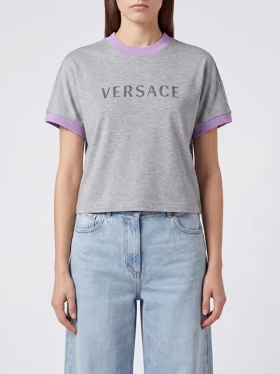 Versace Grey Cotton T-shirt With Printed Logo And Contrast Trims In Gray