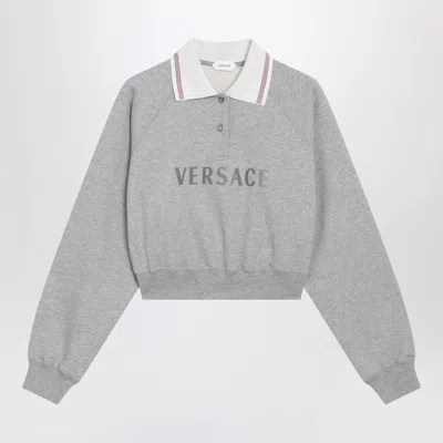 Versace Grey Cropped Cotton Polo Sweatshirt In Gray