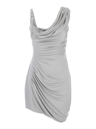 VERSACE GREY DRAPED MINI DRESS WITH MEDUSA '95 DETAIL