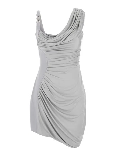 VERSACE VERSACE GREY DRAPED MINI DRESS WITH MEDUSA '95 DETAIL IN VISCOSE WOMAN