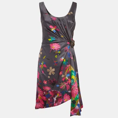 Versace Grey Floral Print Silk Draped Mini Dress In Multi