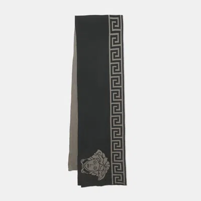 Pre-owned Versace Grey Greca And Medusa Jacquard Wool Stole In Gray