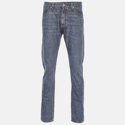 Pre-owned Versace Grey Leather Medusa Trim Denim Jeans Xl/waist 36" In Gray