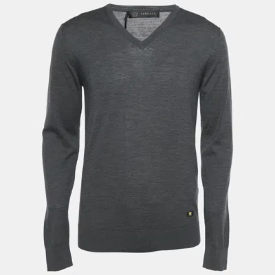 Pre-owned Versace Grey Medusa Applique Wool Knit V-neck Sweater M