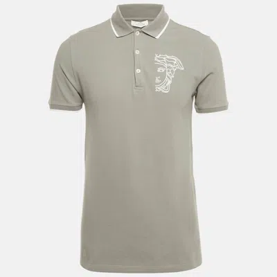 Pre-owned Versace Grey Medusa Embroidered Cotton Polo T-shirt M In Gray