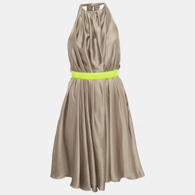 Pre-owned Versace Grey Silk Belted Halter Neck Mini Dress S In Gray