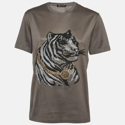 Pre-owned Versace Grey Tiger Embroidered Jersey Crew Neck T-shirt M
