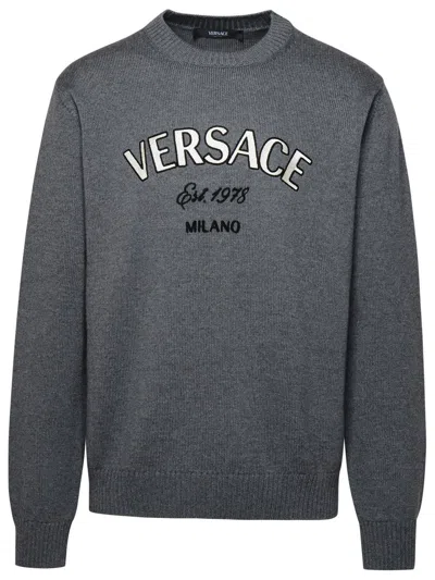 Versace Logo Embroidered Virgin Wool Jumper In Grey