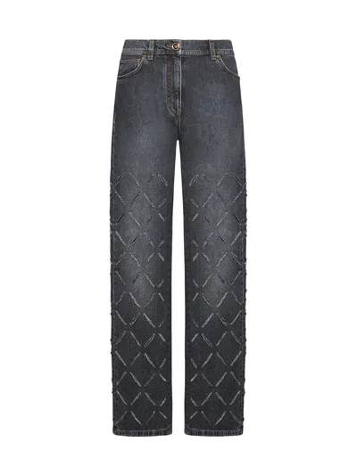 Versace Slashed Wide Leg Jeans In Grey