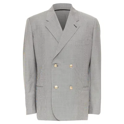 Versace Grey Wool Micro Houndstooth Gold Medusa Double Breasted Blazer Eu50 L In Gray