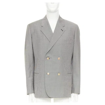 Pre-owned Versace Grey Wool Micro Houndstooth Gold Medusa Double Breasted Blazer Eu50 L In Gray