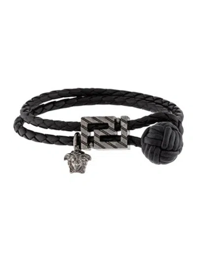 Pre-owned Versace Gv Greca Leather Bracelet, 6.75" In Black