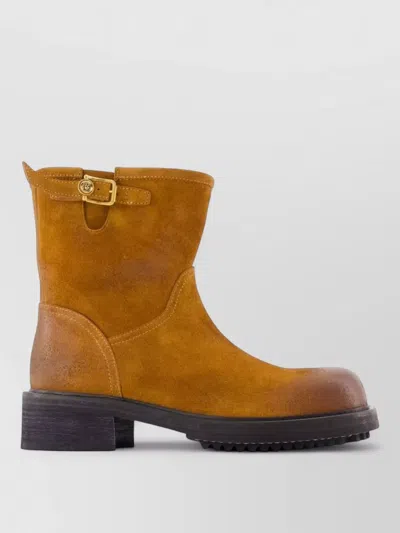 Versace H40 Suede Calfskin Ankle Strap Boots In Brown