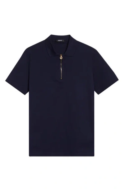Versace Half Zip Cotton Piqué Polo In Blue