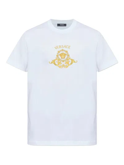 Versace Hall Of Heroes Crest Graphic Short-sleeve Crewneck T-shirt In Bianco