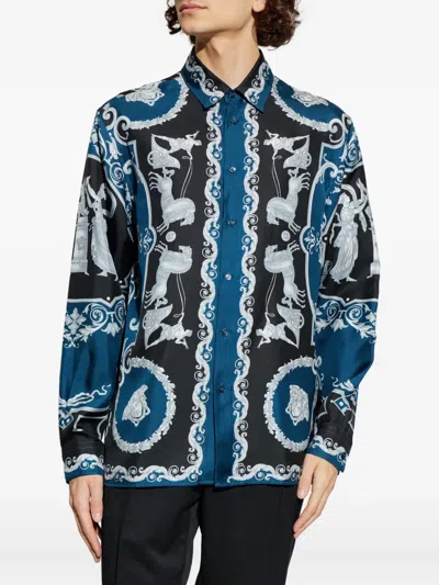 Versace Silk Shirt With Printed Design And Button-down Collar In Multi