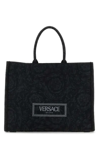 Versace Embroidered Fabric Big Athena Shopping Bag In Black
