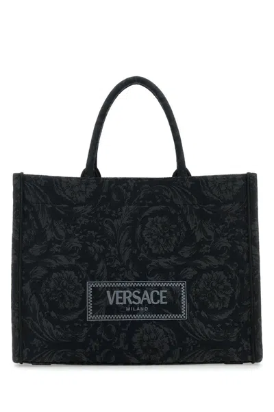 Versace Black  Gold Logo-print Extra-large Woven-blend Tote Bag