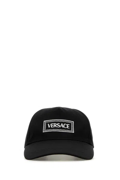 Versace Logo-embroidered Cotton Cap In Black