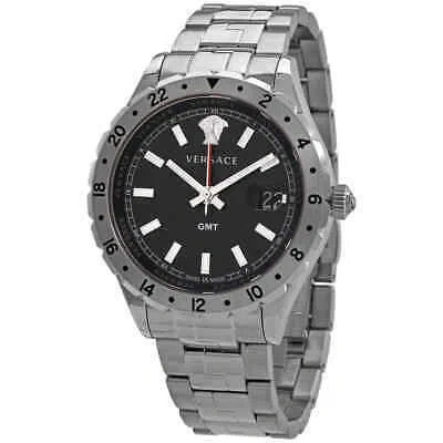 Pre-owned Versace Hellenyium Gmt Black Dial Men's Watch V1102 0015