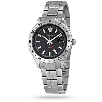 Versace Hellenyium Gmt Black Dial Men's Watch V1102 0015 In Silver Tone/black
