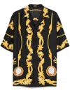 Versace Black Shirt With Cuban Collar And All-over Graphic Print In Silk Man In Black