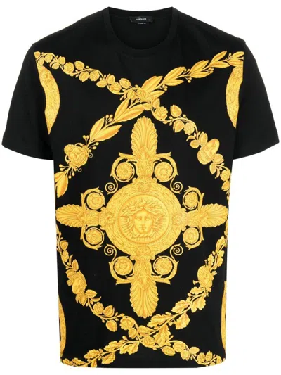 Versace Greca Pattern Cotton Crew Neck T-shirt In Black