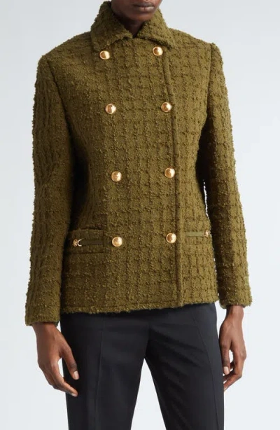 Versace Heritage Texture Tweed Wool Blend Peacoat In Dark Olive