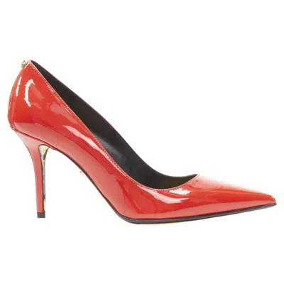 Pre-owned Versace Hibiscus Barocco Gold Sole Red Patent Medusa Stud Pump Eu37 Us7
