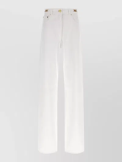 Versace High Rise Cotton Denim Wide Leg Trousers In White
