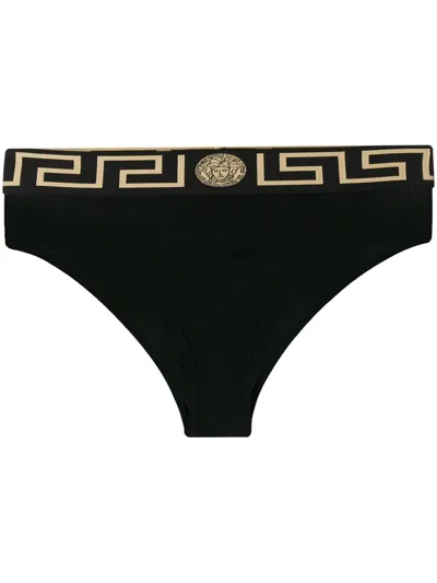 Versace High-waisted Briefs With Greca Finishing In Black
