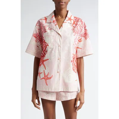 Versace Holiday Print Cotton Camp Shirt In Dusty Rose Coral Bone